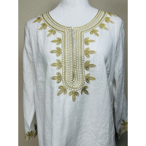 Chelsea & Theodore Size Large Tunic 100% Linen White & Gold Embroidered Casual - Picture 2 of 12
